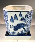 Blue on White Porcelain Bonsai Pot - Square With Attached Humidity